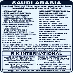 Industrial Electricians job vacancy at R.K. International Travel Agents &  Manpower Consultants